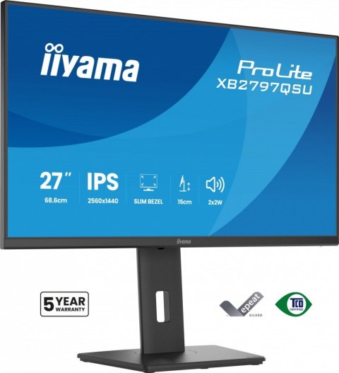 IIYAMA Monitor ProLite 27 cali XB2797QSU-B1 IPS,QHD,2xHDMI,DP,350cd,75Hz,1000:1, USB HUB,x4 ((2x Type-A v.3.2 Gen 1 (5Gbps, 4.5W) 