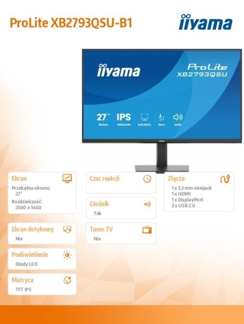 IIYAMA Monitor 27 cali XB2793QSU-B1 IPS, QHD, HDMI, DP, 2xUSB