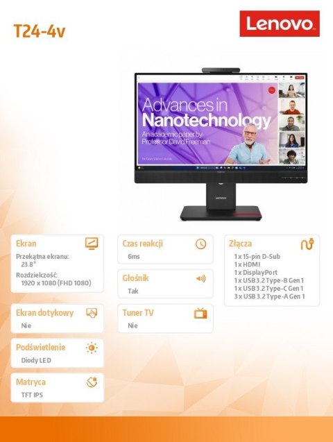 Lenovo Monitor 23.8 cala ThinkVision T24-4v 64B6MAT1EU