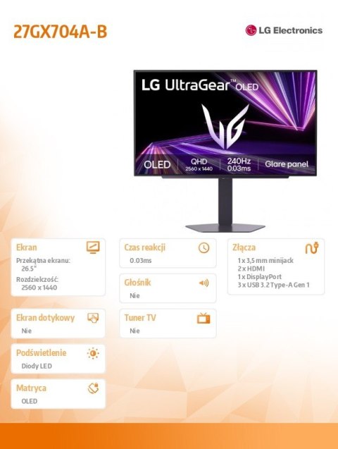 LG Electronics Monitor gamingowy 27 cali 27GX704A-B