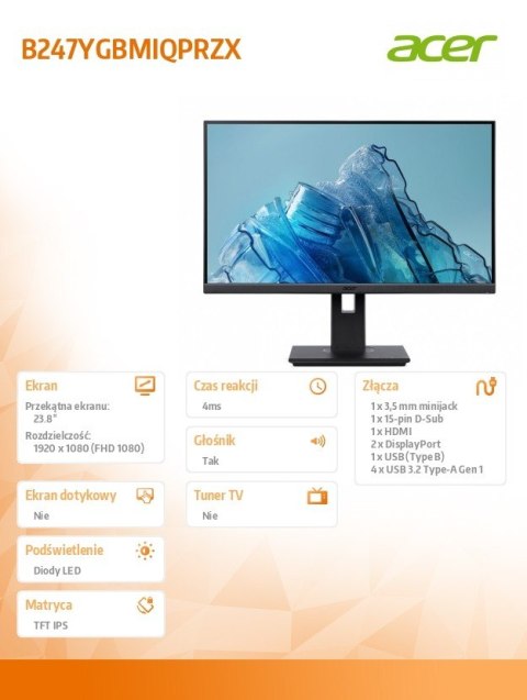 Acer Monitor 23.8 cala B247YGBMIQPRZX IPS 120Hz HDMI DP VGA