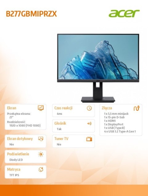 Acer Monitor 27 cali B277GBMIPRZX IPS 120Hz HDMI DP VGA