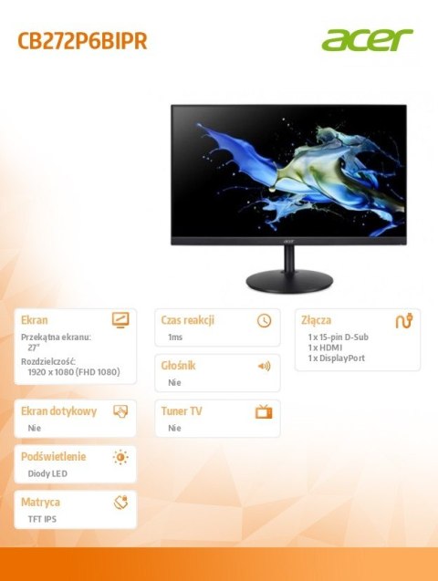 Acer Monitor 27 cali CB272P6BIPR IPS 144Hz HDMI DP VGA