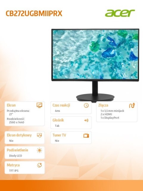 Acer Monitor 27 cali CB272UGBMIIPRX QHD IPS 120Hz 2XHDMI DP
