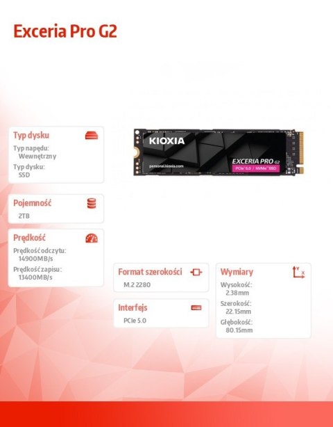 Kioxia Dysk SSD Exceria Pro G2 2TB NVMe5.0 2280 14900/13400 MB/s