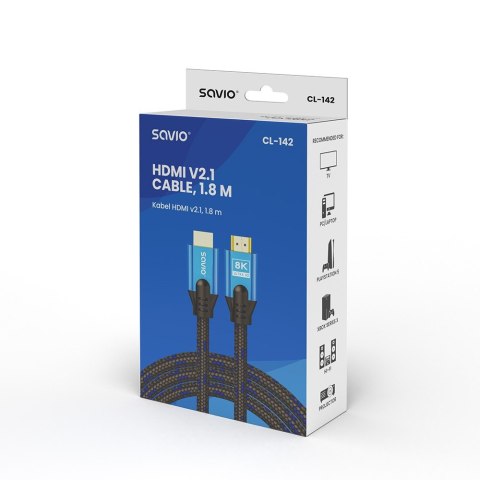 Savio Kabel HDMI (M) v2.1, 1,8m, 8K, miedź, niebiesko-czarny, złote końcówki, ethernet/3D, CL-142