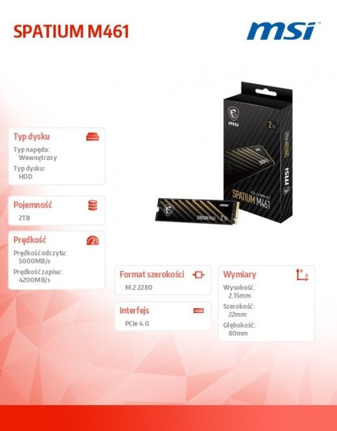 MSI Dysk SSD SPATIUM M461 2TB M.2 PCIe 4.0 5000/4200MB/s