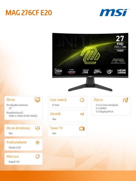 MSI Monitor 27 cali MAG 276CF E20 LED/FHD/Curved/200Hz/czarny