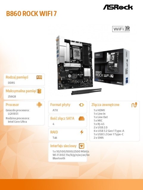 ASRock Płyta główna B860 ROCK WIFI 7 s1851 4DDR5 ATX