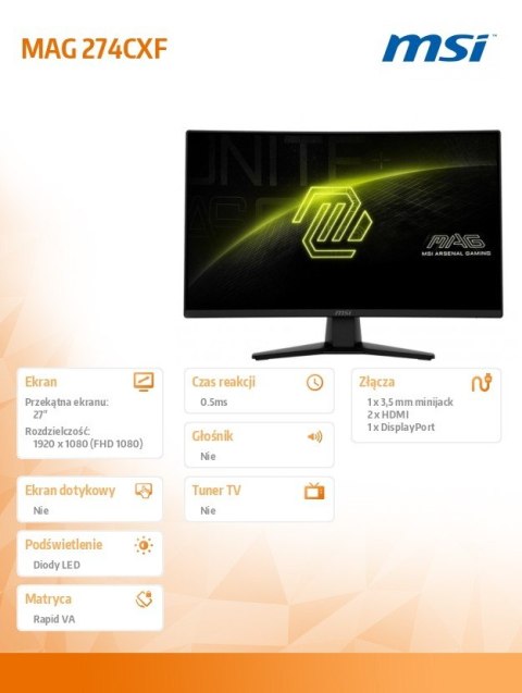 MSI Monitor MAG 274CXF 27 cali LED/FHD/Zakrzywiony/280Hz/Czarny