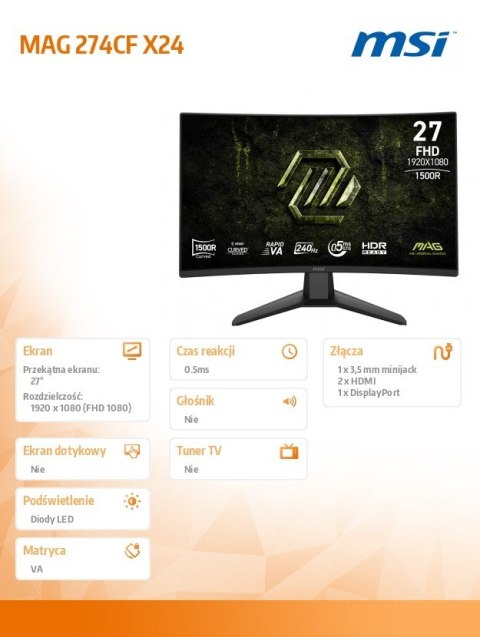 MSI Monitor MAG 274CF X24 27cali/LED/FHD/CURVE/240Hz/Black