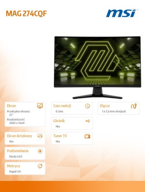 MSI Monitor MAG 274CQF 27 cali/LED/WQHD/Zakrzywiony/180Hz/Czarny