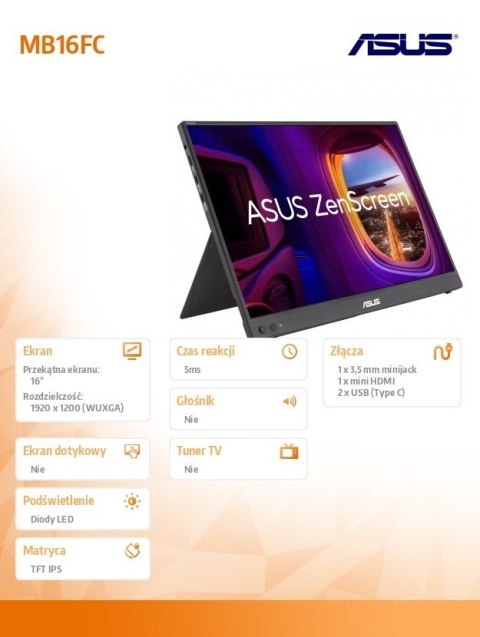 Asus Monitor 16 cali MB16FC 16:10 IPS WUXGA USBC mHDMI