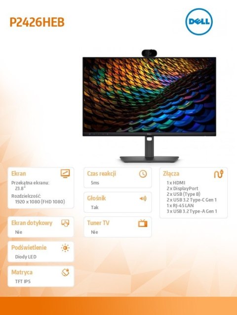 Dell Monitor P2426HEB 23.8 cala IPS FHD (1920x1080)/16:9/HDMI/2xDP/5xUSB/2xUSB-C/RJ45/Camera/Głośniki/3Y