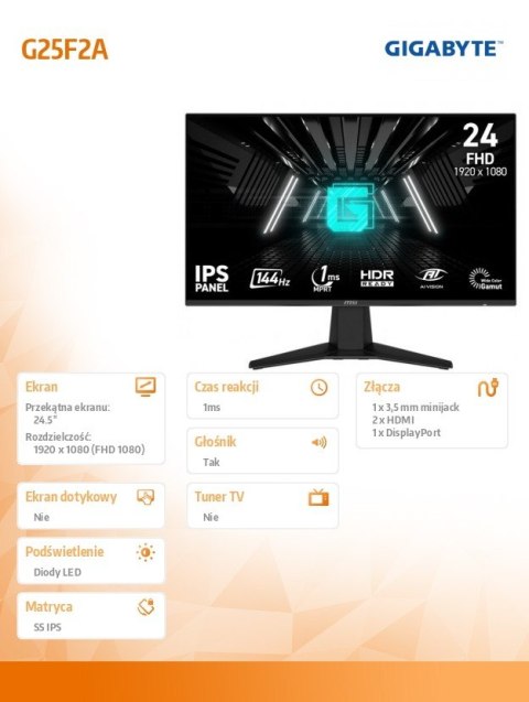 Gigabyte Monitor 24.5 cala AORS G25F2AEK IPS/FHD/240Hz/2HDMI/DP