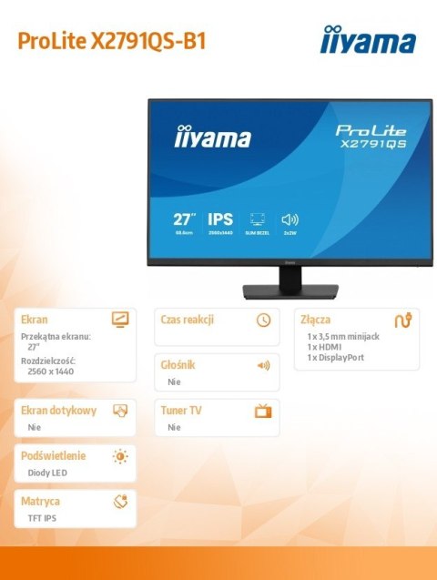 IIYAMA Monitor 27 cali X2791QS-B1 IPS, QHD, 120Hz, HDMI, DP, 2xUSB, 1500:1, 350cd, 2x2W, cienka ramka z 4 stron