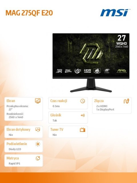 MSI Monitor MAG 275QF E20 27 cali/LED/WQHD/Flat/200Hz/Czarny