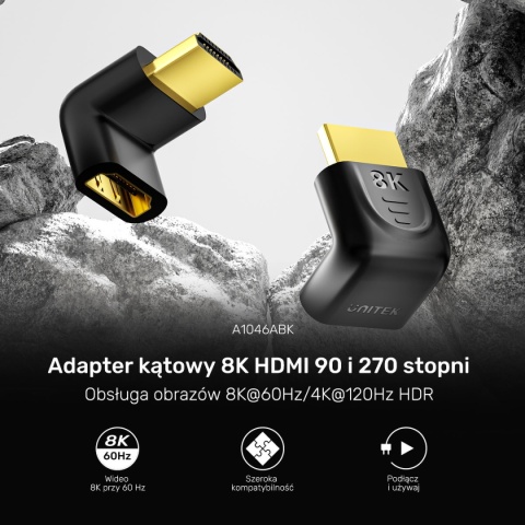 Adapter HDMI Unitek 2.1 8K kątowy 90 i 270 stopni kompaktowy 4K 120Hz HDR