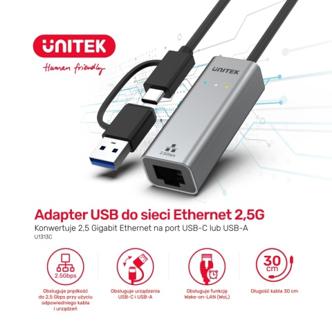 Adapter Przejściówka Unitek USB-C/USB-A RJ-45 Ethernet 2,5G Hybrydowy