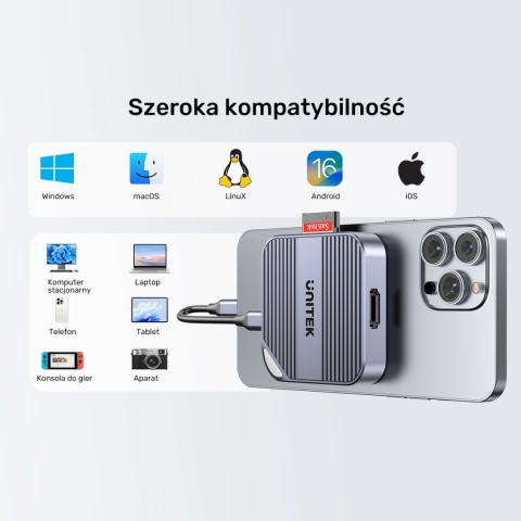 Hub Czytnik Kart Unitek PD100W USB-C 6w1 4K 60 Hz USB 5 Gbps SD/Micro SD