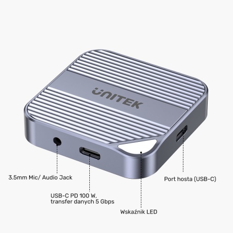 Hub Czytnik Kart Unitek PD100W USB-C 6w1 4K 60 Hz USB 5 Gbps SD/Micro SD