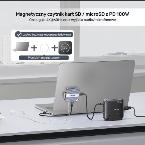 Hub Czytnik Kart Unitek PD100W USB-C 6w1 4K 60 Hz USB 5 Gbps SD/Micro SD