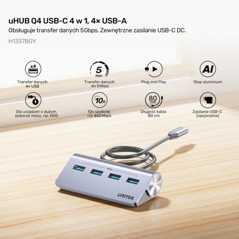 Hub Rozdzielacz Unitek USB-C 4x USB-A 5 Gbps Zasilanie USB-C Ergonomiczny