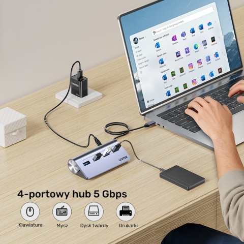 Hub Rozdzielacz Unitek USB-C 4x USB-A 5 Gbps Zasilanie USB-C Ergonomiczny