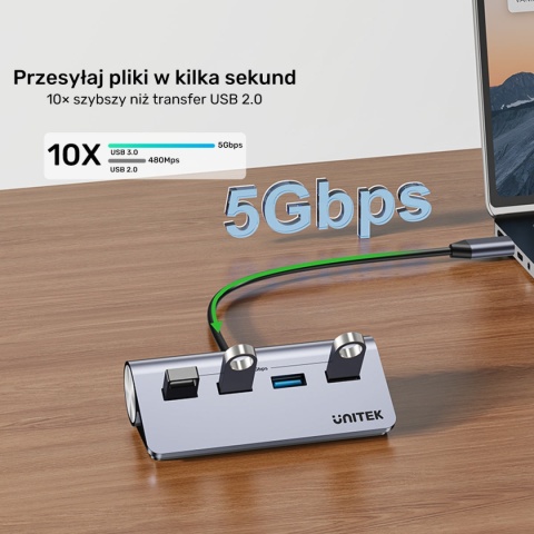 Hub Rozdzielacz Unitek USB-C 4x USB-A 5 Gbps Zasilanie USB-C Ergonomiczny