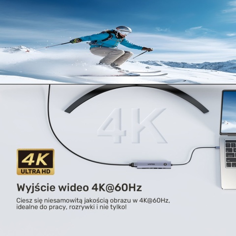 Hub USB C Unitek uHUB S7 Pro 7w1 4K 60Hz HDMI PD 100W przycisk On Off lekki