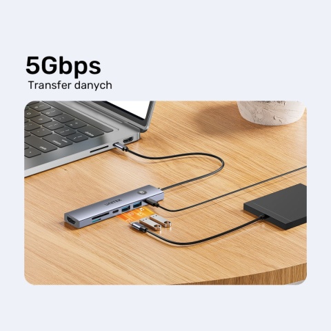 Hub USB C Unitek uHUB S7 Pro 7w1 4K 60Hz HDMI PD 100W przycisk On Off lekki