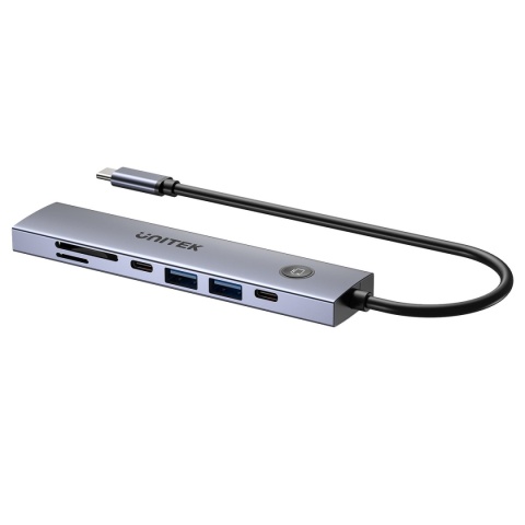 Hub USB C Unitek uHUB S7 Pro 7w1 4K 60Hz HDMI PD 100W przycisk On Off lekki