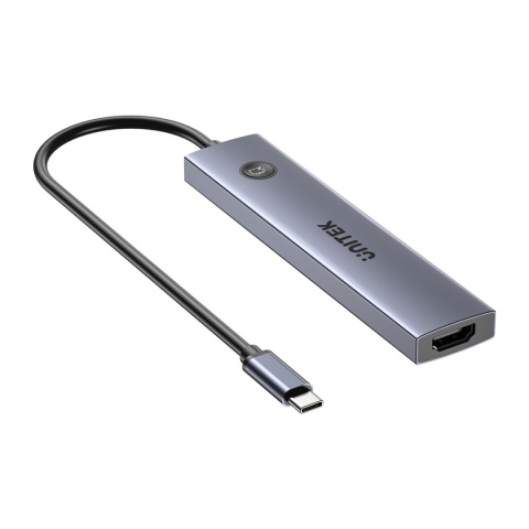 Hub USB C Unitek uHUB S7 Pro 7w1 4K 60Hz HDMI PD 100W przycisk On Off lekki
