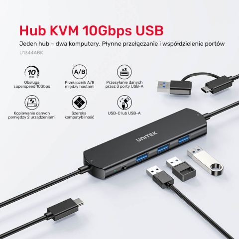 Hub USB KVM Unitek U1344A 10Gbps 3x USB A USB C dla 2 komputerów kompaktowy