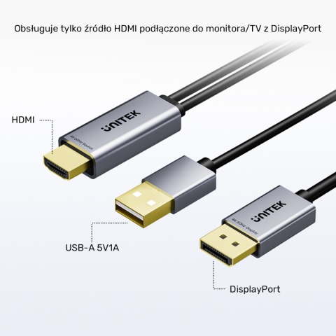 Kabel Adapter Unitek HDMI Do DisplayPort 4K 60 Hz 1,8 m Zasilanie USB-A