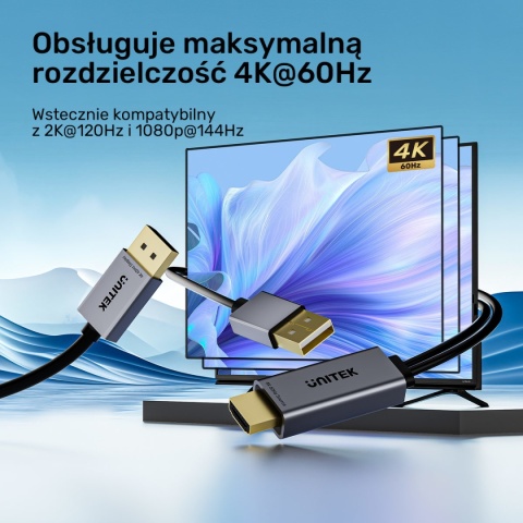 Kabel Adapter Unitek HDMI Do DisplayPort 4K 60 Hz 1,8 m Zasilanie USB-A