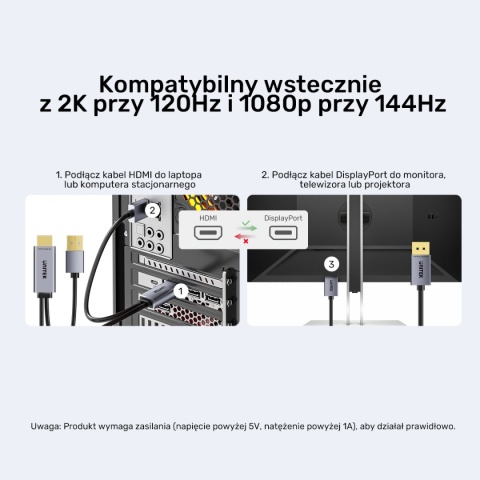 Kabel Adapter Unitek HDMI Do DisplayPort 4K 60 Hz 1,8 m Zasilanie USB-A