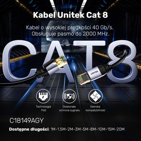 Kabel LAN Unitek Cat 8 S/FTP RJ45 patchcord 8 m 40Gbps 2000 MHz PoE szybki