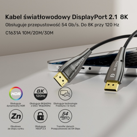 Kabel Przewód Unitek C1631ABK01 DisplayPort 2.1 8K 10 m Światłowodowy