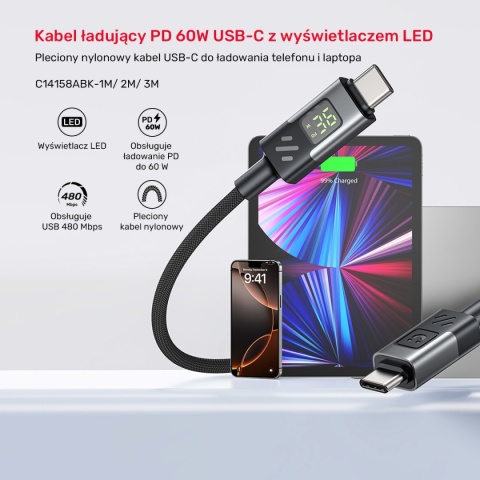 Kabel Przewód Unitek USB-C Do USB-C PD 60 W 480 Mbps 1 m Z Wyświetlaczem