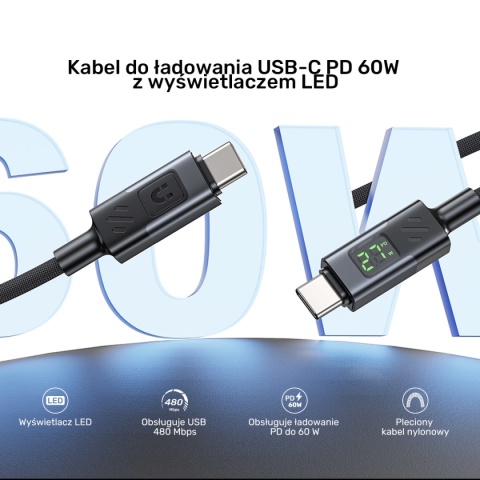 Kabel Przewód Unitek USB-C PD 60 W 480 Mbps 2 m Z Wyświetlaczem W Oplocie