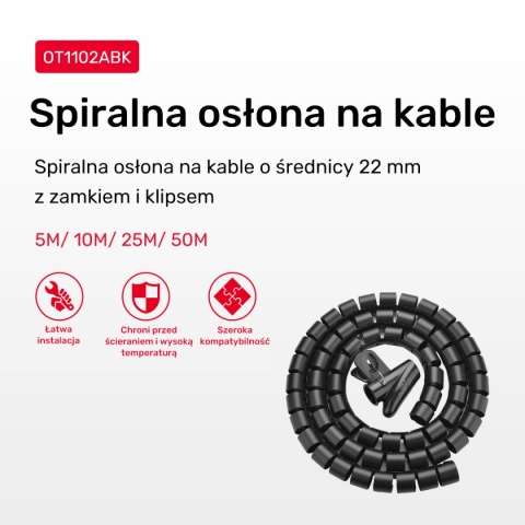 Organizer kabli Unitek spiralny 25 m 22 mm czarny wytrzymały porządek biuro