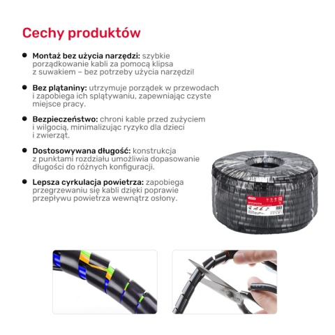 Organizer kabli Unitek spiralny 25 m 22 mm czarny wytrzymały porządek biuro