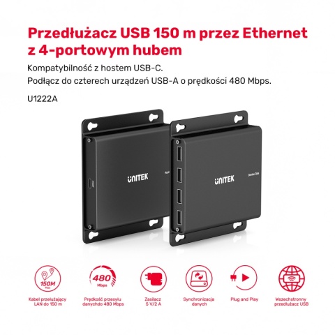 Przedłużacz Unitek USB-C do 4x USB-A Ethernet 150m 480 Mbps hub aluminiowy