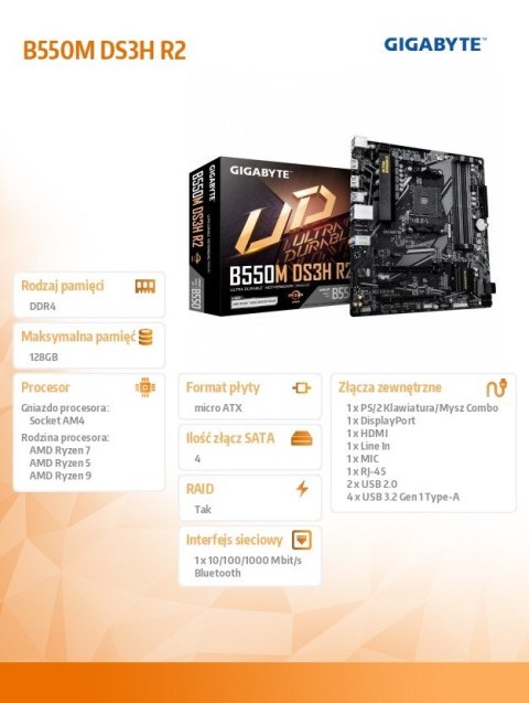 Gigabyte Płyta główna B550M DS3H R2 AM5 4DDR4 DP/HDMI mATX