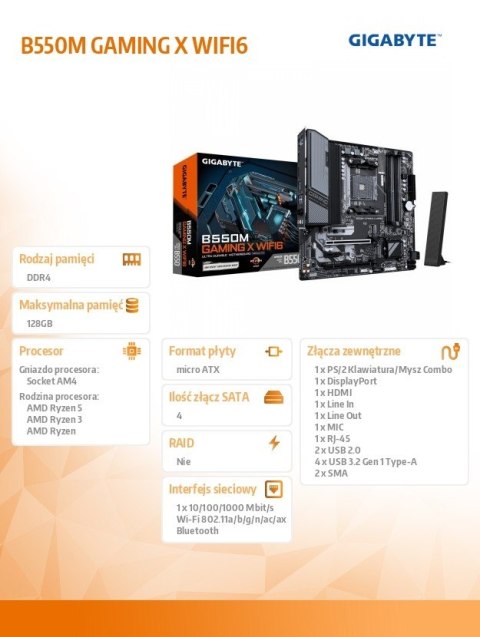 Gigabyte Płyta główna B550M GAMING X WIFI6 4DDR4 HDMI/DP mATX