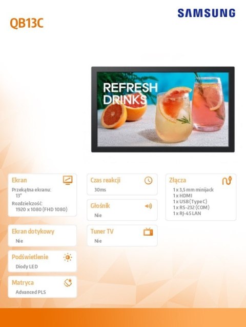 Samsung Monitor profesjonalny 13 cali QB13C LH13QBCEBGBXEN