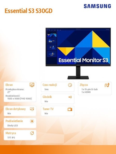 Samsung Samsung Monitor 27 cali S30GD IPS 1920x1080 FHD 16:9 1xHDMI 1xD-Sub 5ms 100Hz płaski 3YOn-Site (LS27D304GAUXEN)