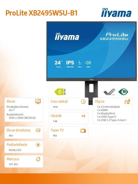IIYAMA Monitor 24 cale XB2495WSU-B1 IPS,16:10,350cd,4ms,HDMI, 100Hz,1500:1, 4xUSB,2x2W,HAS150 (PIVOT)