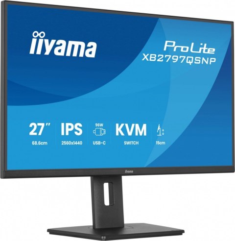 IIYAMA Monitor 27 cali XB2797QSNP-B1 IPS,QHD,USB-c Dock 96W,HDMI, 350cd,1ms, DP, DisplayPort x1 (Daisy Chain MST max. 2560 x1440), USB